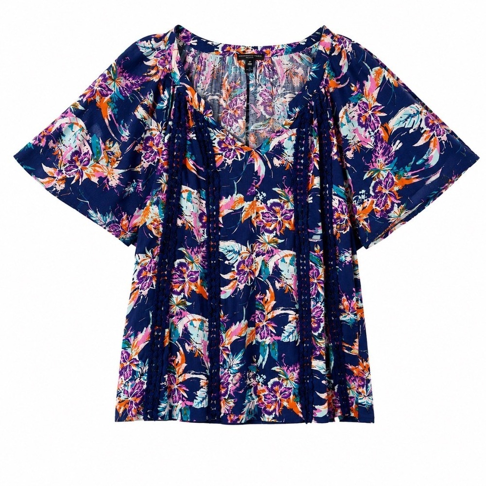 Signature Studio Plus Size 2X Blouse Top Navy Tropical‎ Floral Flutter Sleeve